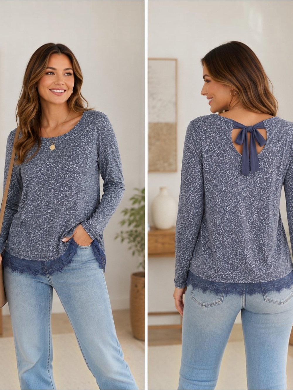 LC Lauren Conrad XL Blue Floral Lace Hem Tie Back Long Sleeve Tunic Top